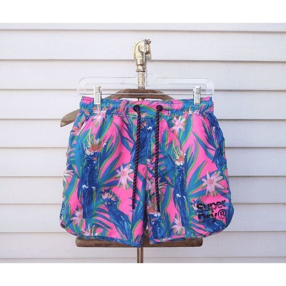 Superdry Pink Blue Tropical Parakeet Athletic Swim Shorts - Picture 1 of 8